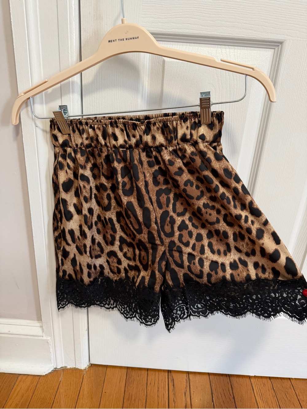 Dressed in LALA Leopard Print Satin Shorts with Black Lace Trim - Picture 3 of 6